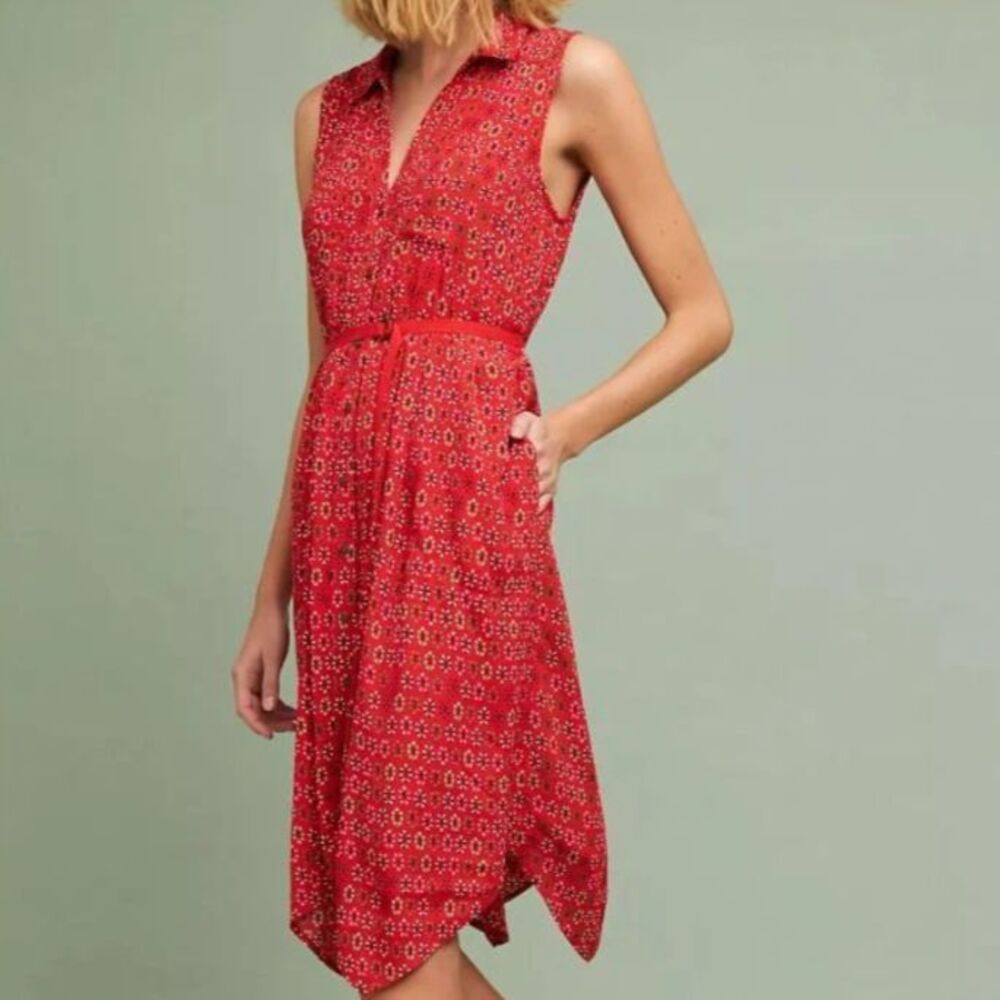 Maeve Anthropologia Vicki Button Down Sleeveless Dress Red Handkerchief Hem 10